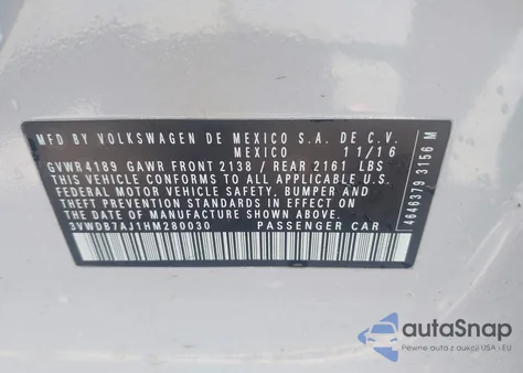 2017 Volkswagen Jetta 1.4T Se z USA, uszkodzony, nr VIN 3VWDB7AJ1HM280030